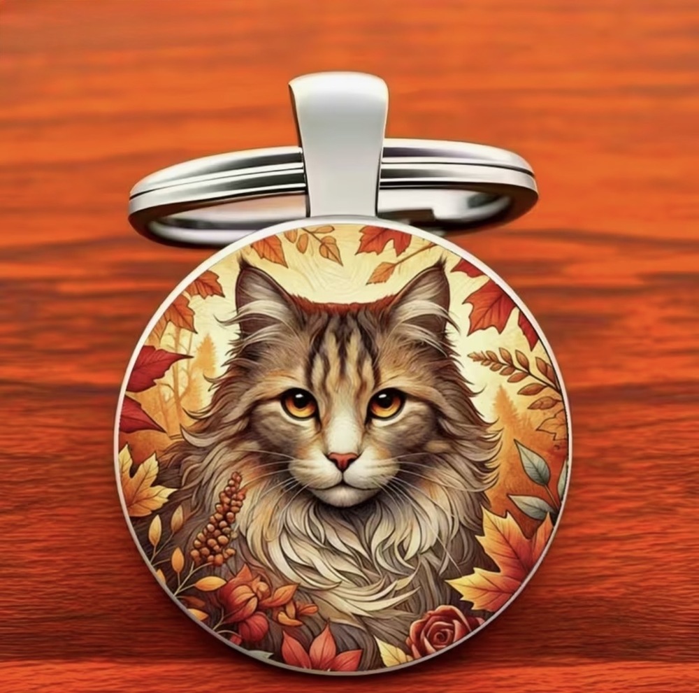 3/$25 Autumn Cat Art Fall Leaves Seasonal Feline Keychain NEW